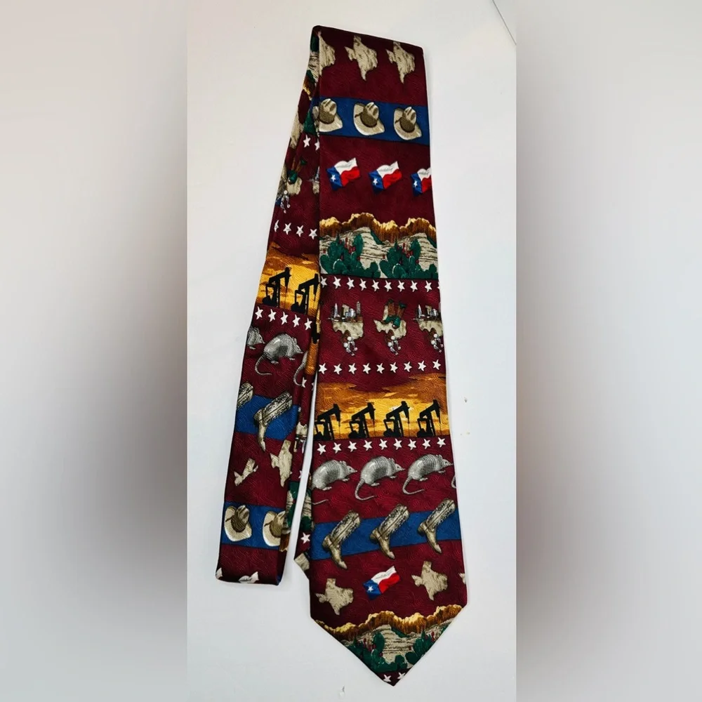 Puritan Texas Novelty Necktie Armadillo Cowboy Boots Oil Derrick Flag Burgundy